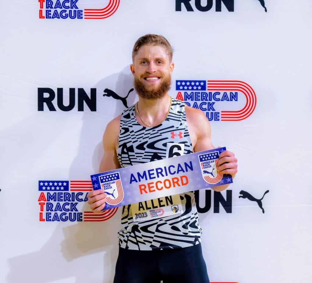 This is a picture of Life U student and graduate assistant C.J. Allen, who set a U.S. record at the American Track League Pro Puma Classic meet held January 20-21, 2023.